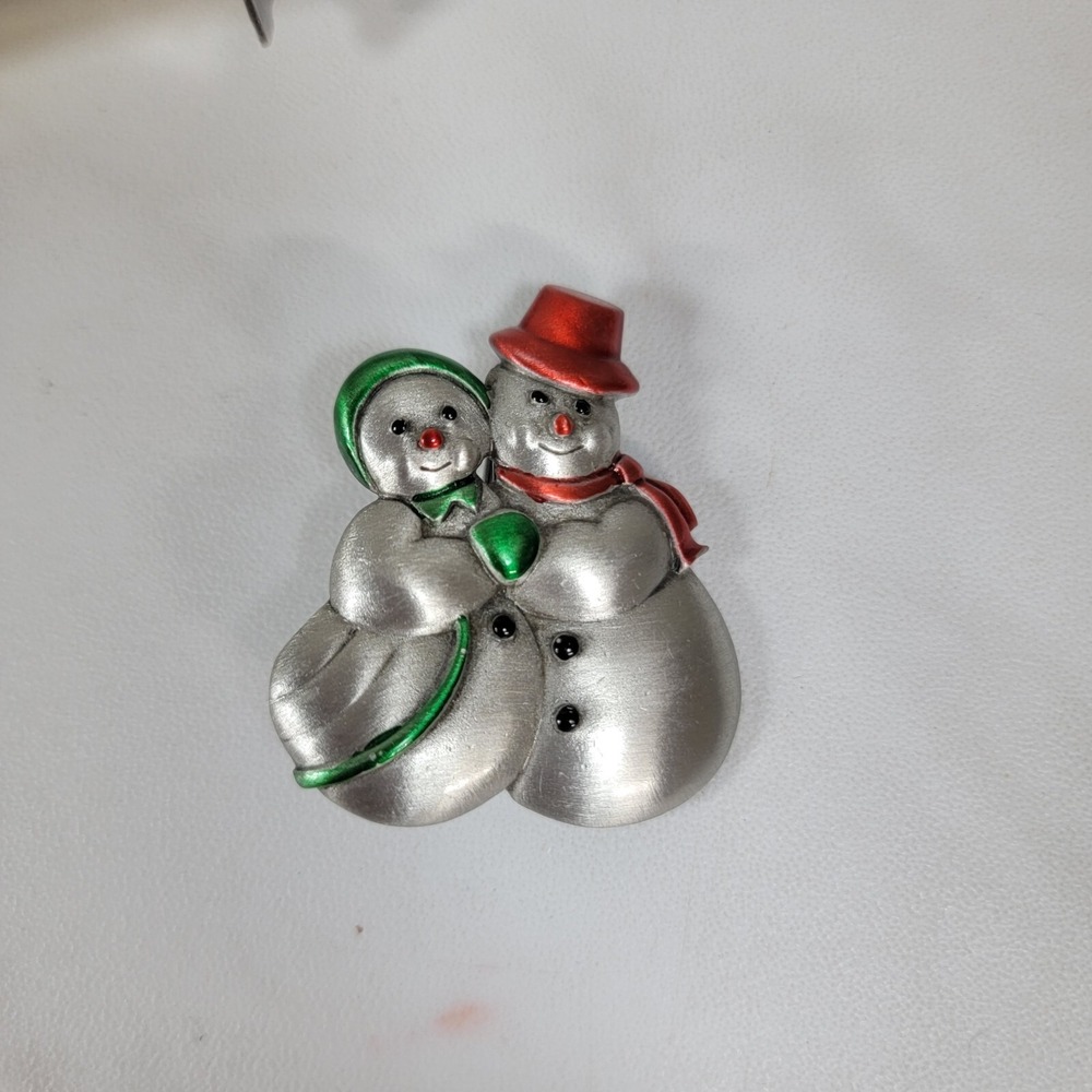 Vintage JJ Jonette Enamel Pewter Snowman Christmas Brooch Holiday